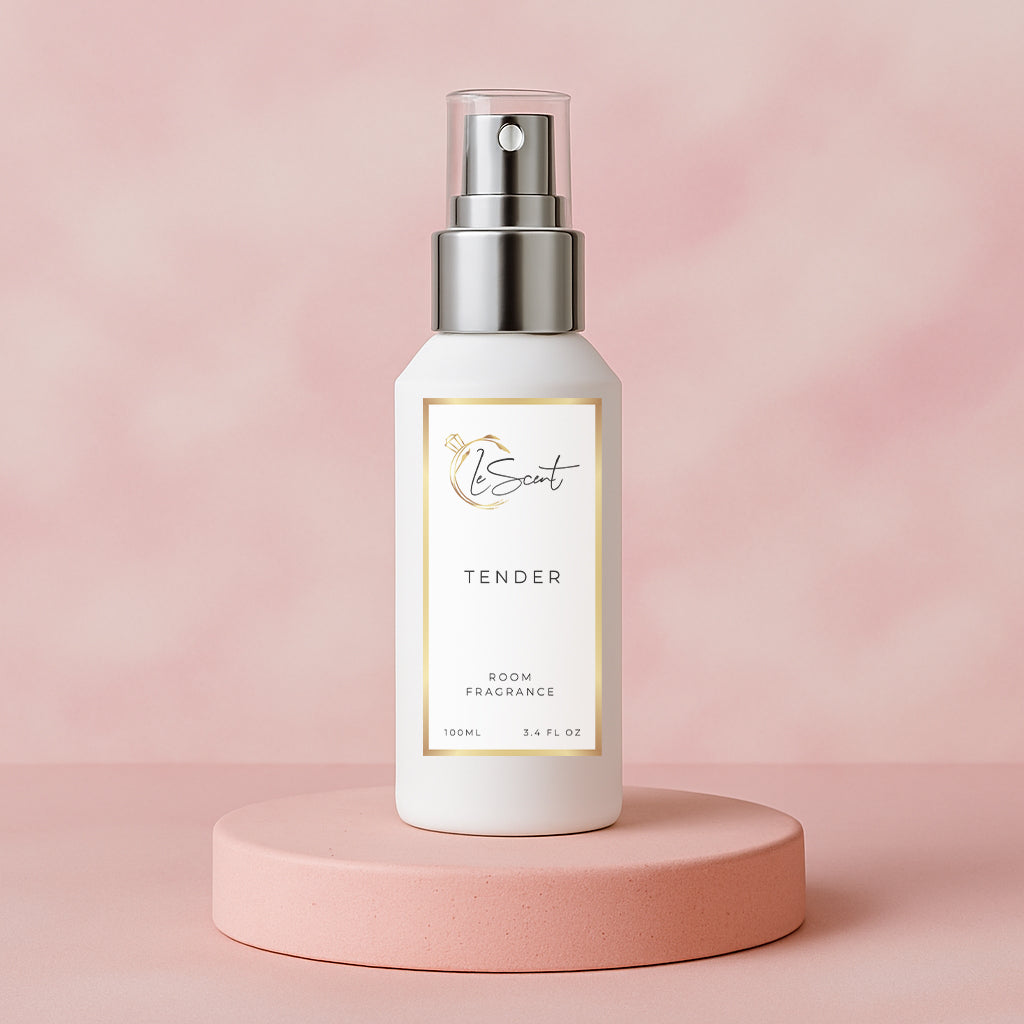 LeScent Tender room spray bottle on a pink pedestal with a wavy pink background, inspired by Chanel Chance Eau Tendre.