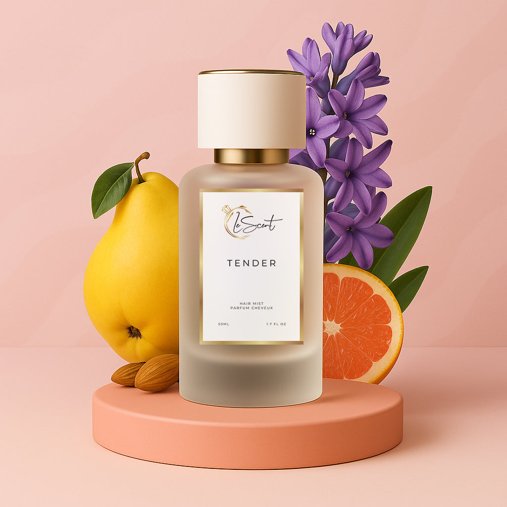 Spraying LeScent Tender home fragrance air freshener, a bright fruity-floral scent with grapefruit and hyacinth accords, inspired by Chanel Chance Eau Tendre.