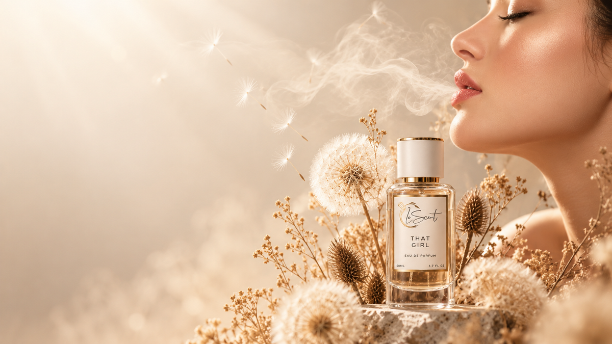 LeScent That Girl Eau de Parfum surrounded by delicate dandelions and dried botanicals, alongside a woman enjoying a soft, luxurious fragrance mist.
