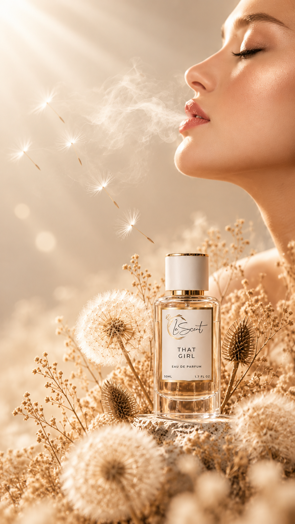 LeScent That Girl Eau de Parfum 50ml with golden botanicals and floating dandelion seeds beneath a softly illuminated woman's profile.