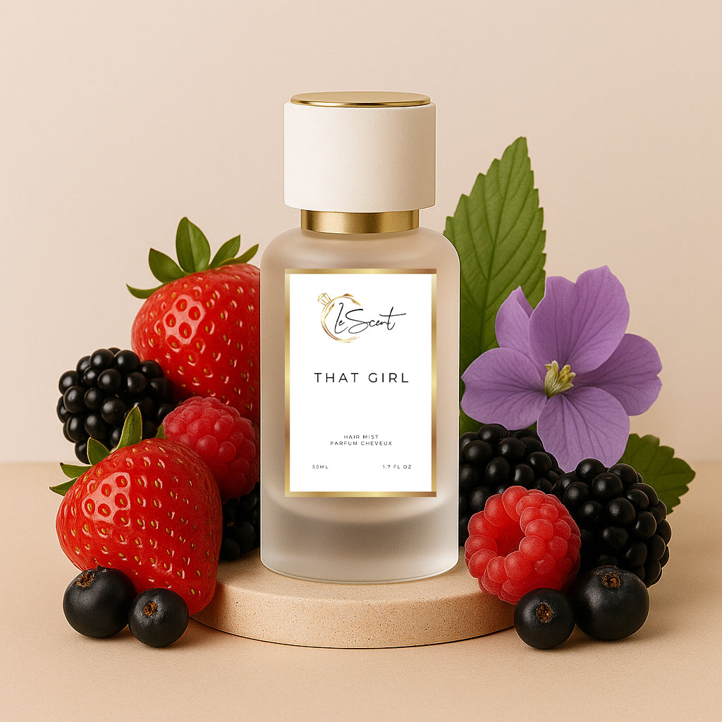 LeScent That Girl hair perfume mist inspired by Burberry Her — crafted with blackberry, strawberry, raspberry and jasmine notes for a luminous fruity hair fragrance.