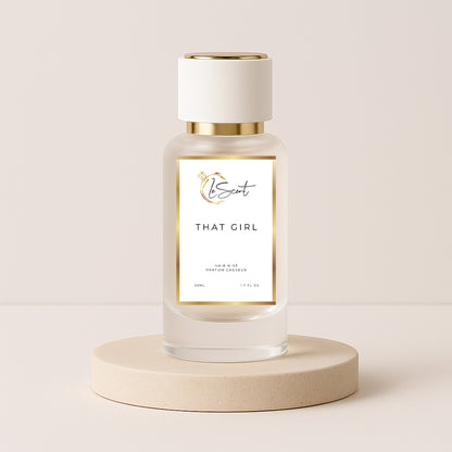 LeScent That Girl hair mist inspired by Burberry Her — radiant hair perfume with strawberry, raspberry and jasmine for a bright fruity floral finish.