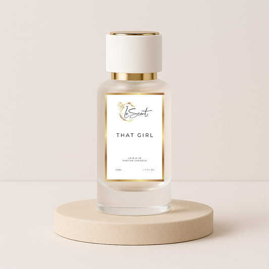 LeScent That Girl hair mist inspired by Burberry Her — radiant hair perfume with strawberry, raspberry and jasmine for a bright fruity floral finish.