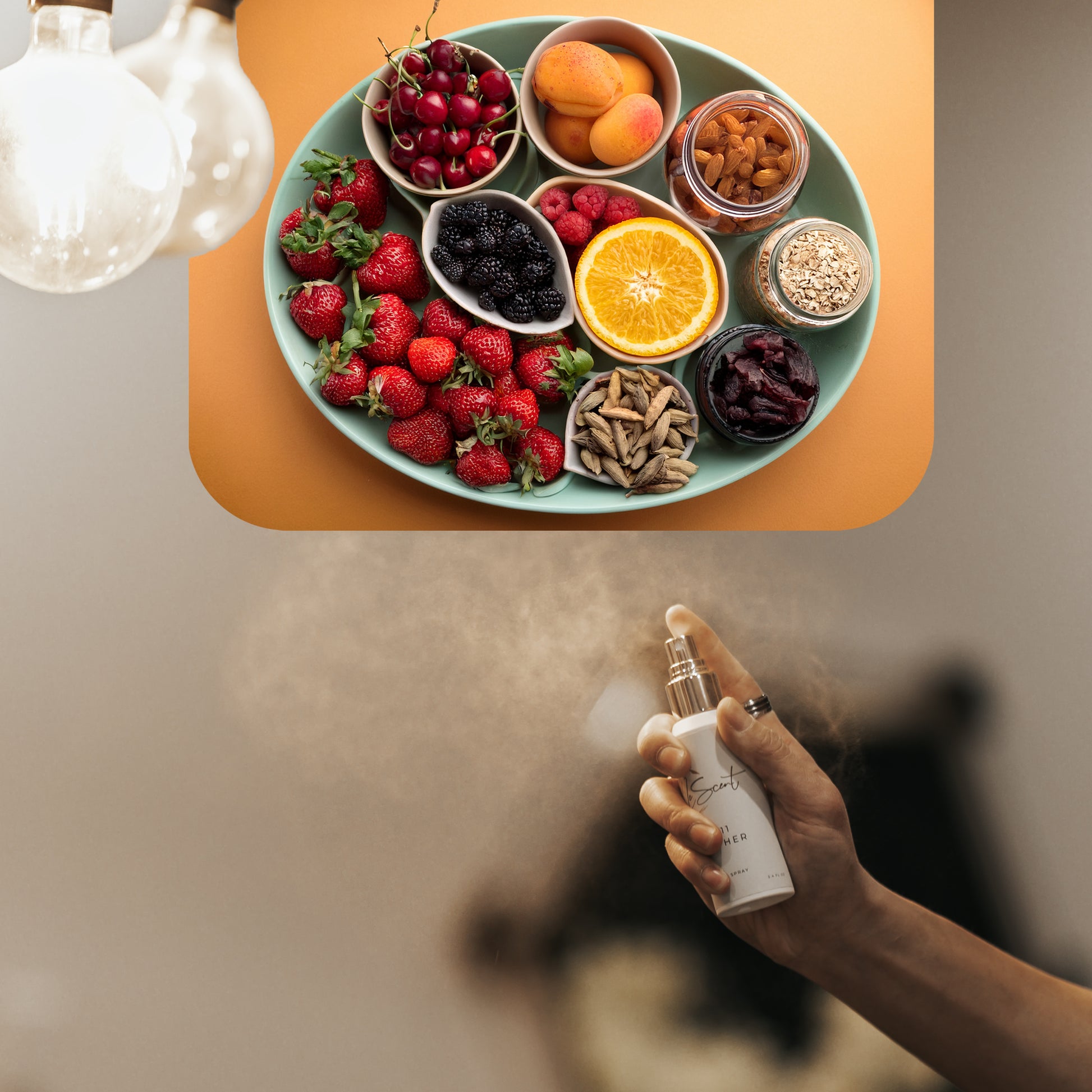 Spraying LeScent That Girl room spray inspired by Burberry Her — fruity floral home fragrance freshener mist with berries, amber and jasmine for an elegant feminine scent.