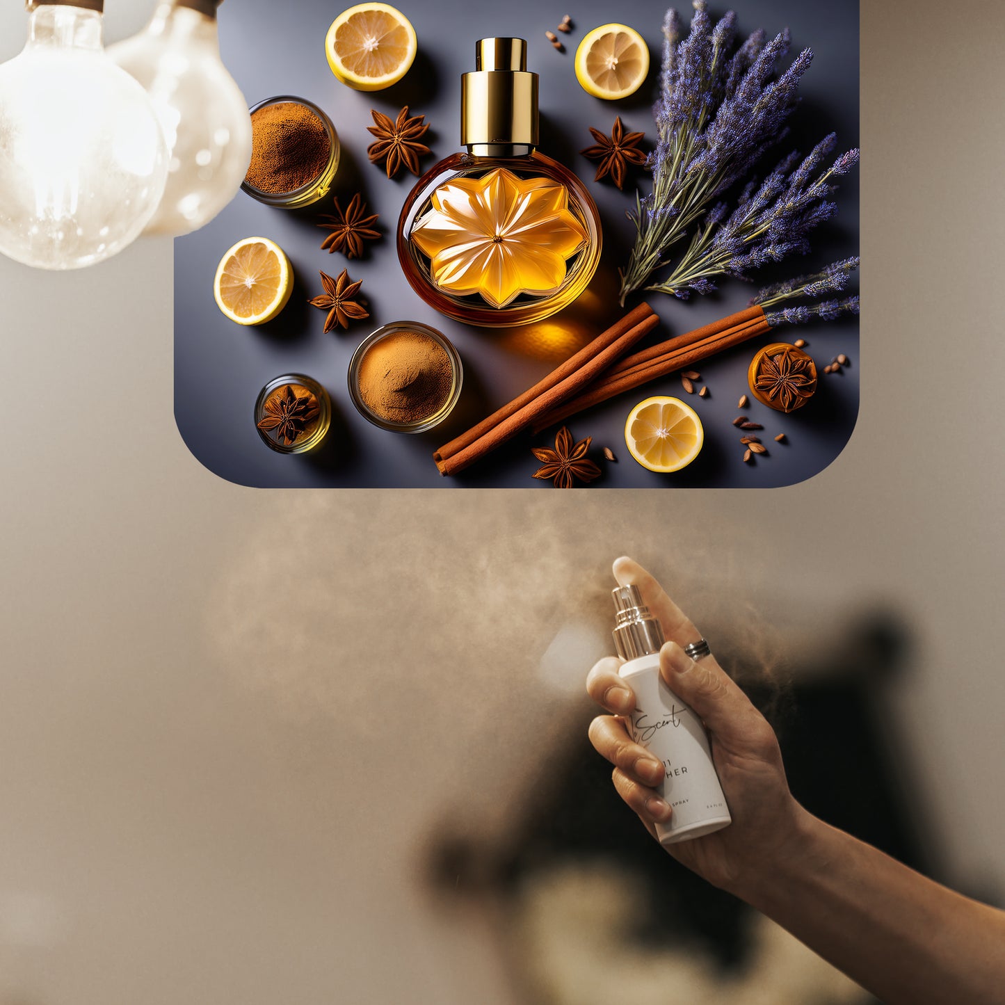 Spraying LeScent The Date room fragrance freshener mist inspired by Jean Paul Gaultier Ultra Male — aromatic lavender and amber notes creating a sensual masculine ambience.