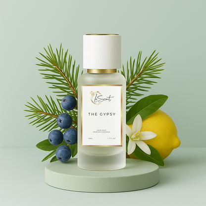 LeScent The Gypsy hair perfume mist inspired by Byredo Gypsy Water — crafted with juniper berry, pine, lemon and amber for a fresh woody hair fragrance.