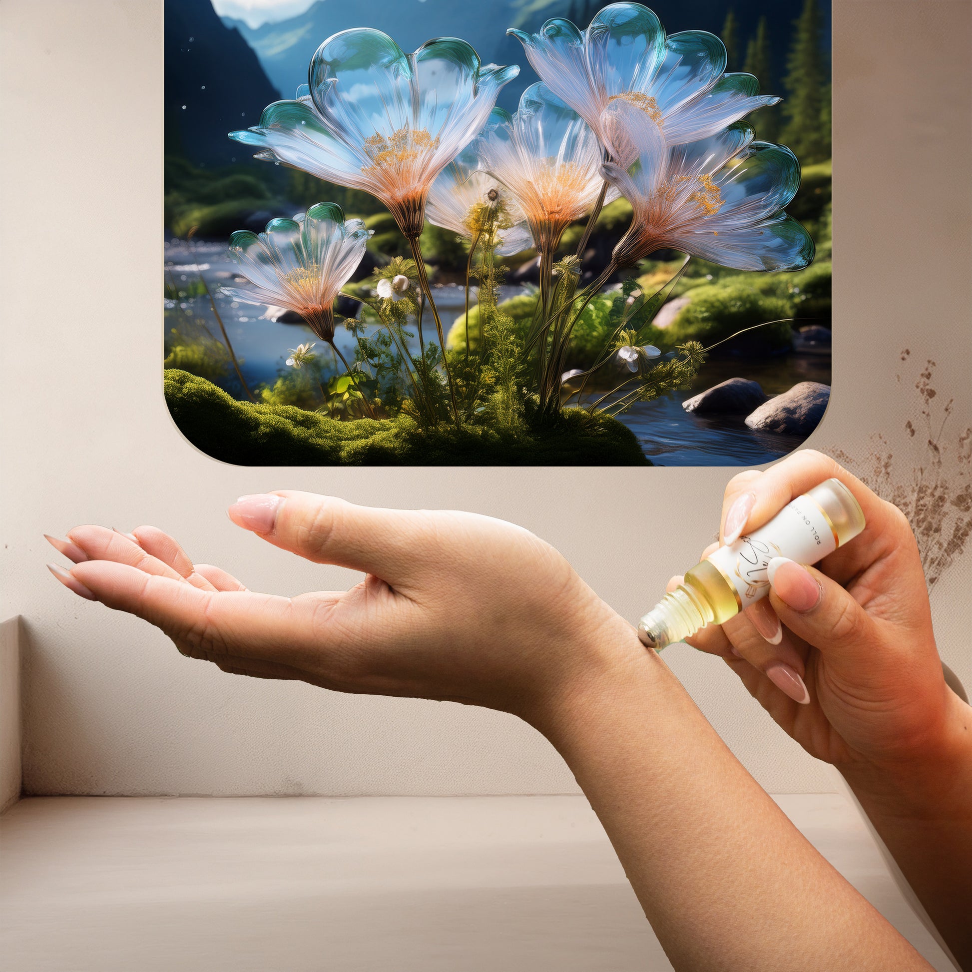 Applying LeScent The Gypsy perfume oil roll-on inspired by Byredo Gypsy Water — notes of juniper, pine needle and amber for a bohemian earthy fragrance ritual.