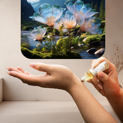 Applying LeScent The Gypsy perfume oil roll-on inspired by Byredo Gypsy Water — notes of juniper, pine needle and amber for a bohemian earthy fragrance ritual.