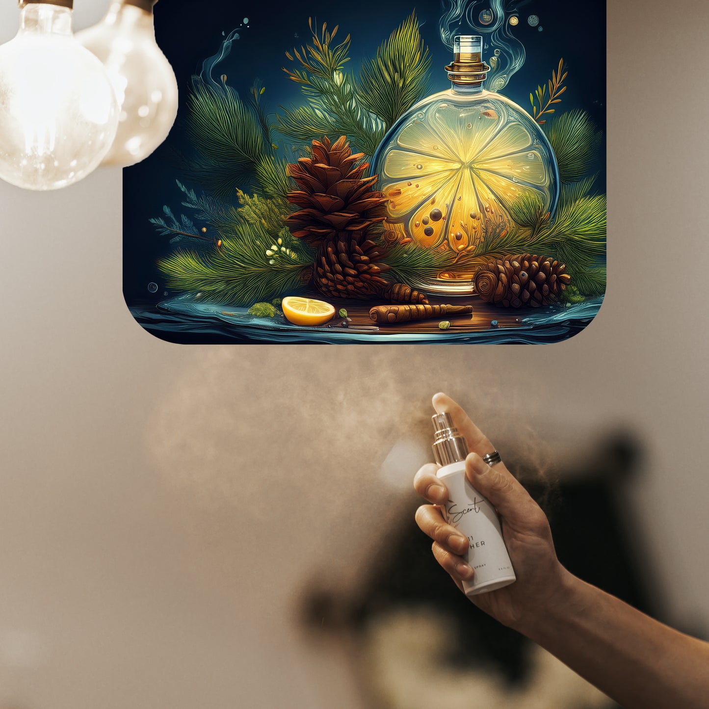 Spraying LeScent The Gypsy room spray inspired by Byredo Gypsy Water — pine and lemon home fragrance freshener mist with amber and juniper for a refreshing woody aura.