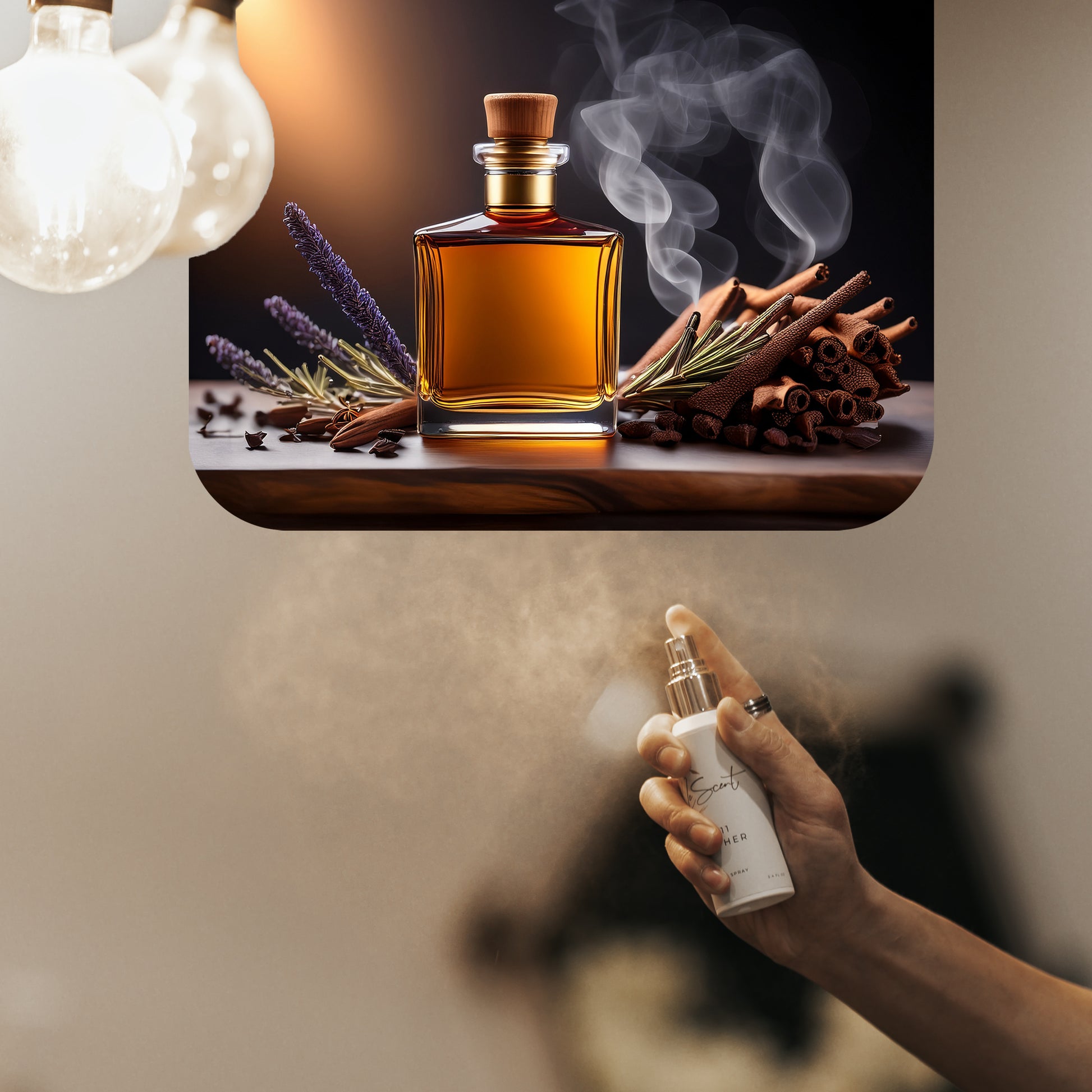 Spraying LeScent The Man room spray inspired by Jean Paul Gaultier Le Male Elixir — amber lavender home fragrance freshener mist with vanilla and tonka for a rich warm aura.