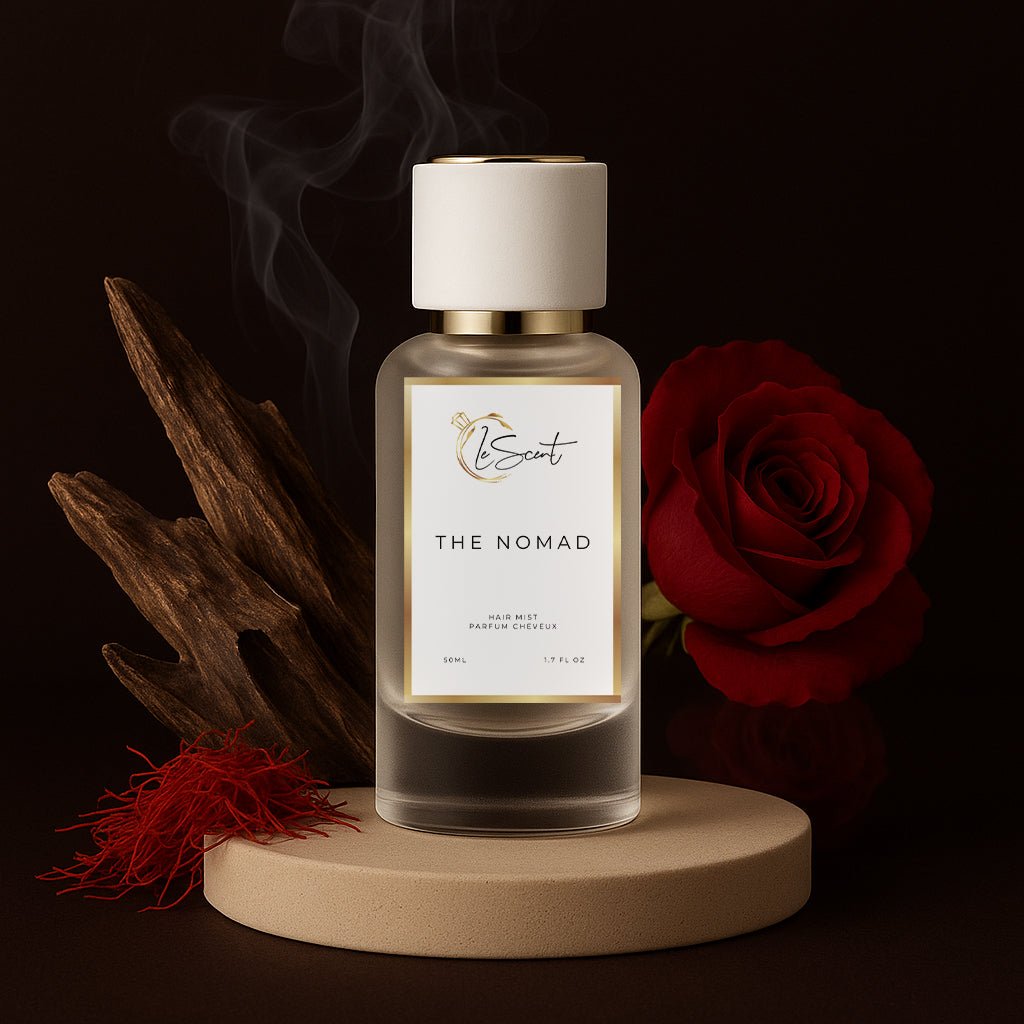 LeScent The Nomad Hair Perfume — infused with vitamin B5 and argan oil, featuring oud wood, raspberry and rose notes inspired by Louis Vuitton Ombre Nomade for nourished scented hair.