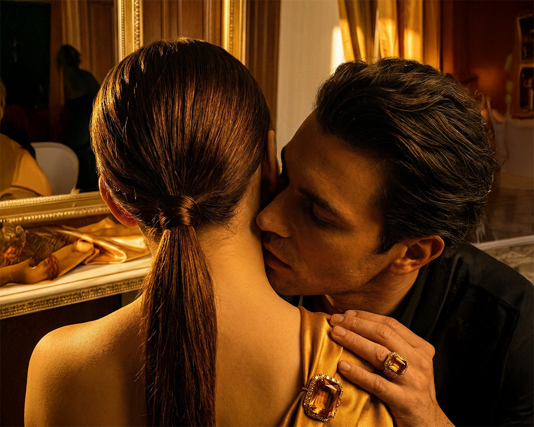 Close-up of a couple in golden tones with glossy hair and topaz jewelry, lifestyle image representing LeScent Topaz hair mist and hair fragrance.