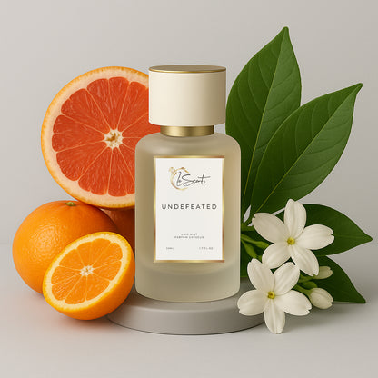 LeScent Undefeated hair perfume mist and hair fragrance bottle with grapefruit, orange, citrus slices, green leaves and white blossoms arranged behind it as visual ingredients, inspired by Paco Rabanne Invictus.