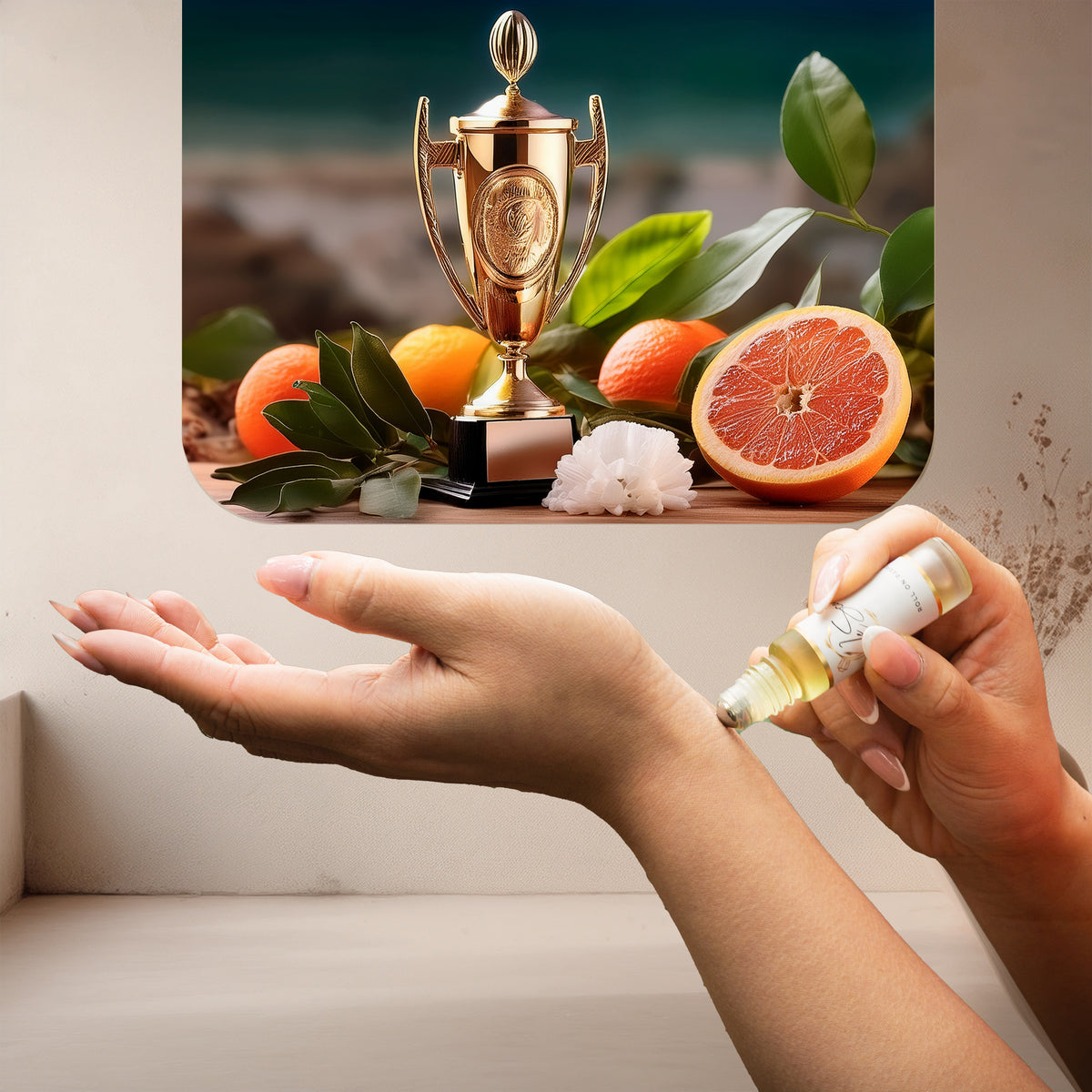 Applying LeScent Undefeated roll-on perfume oil to the wrist with grapefruit, orange, green leaves, white blossoms and a trophy displayed above the hands, premium perfume oil roller inspired by Paco Rabanne Invictus.
