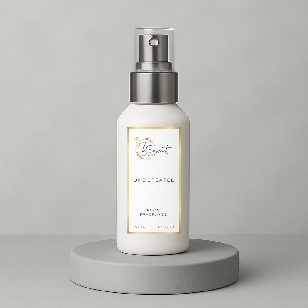 LeScent Undefeated room spray, room fragrance and home fragrance freshener bottle on a soft grey background inspired by Paco Rabanne Invictus.