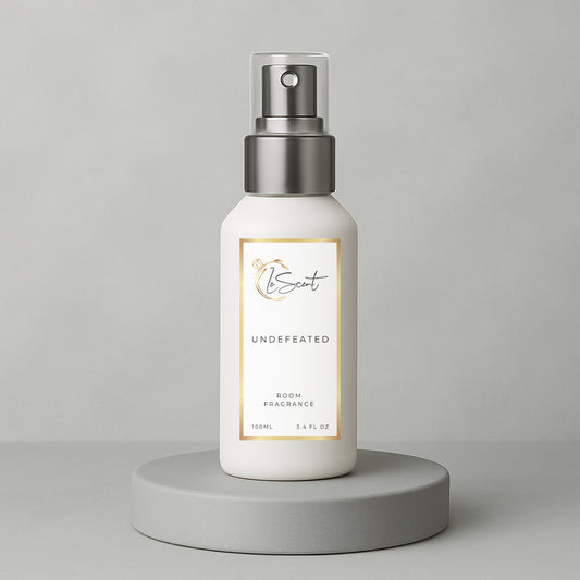 LeScent Undefeated room spray, room fragrance and home fragrance freshener bottle on a soft grey background inspired by Paco Rabanne Invictus.