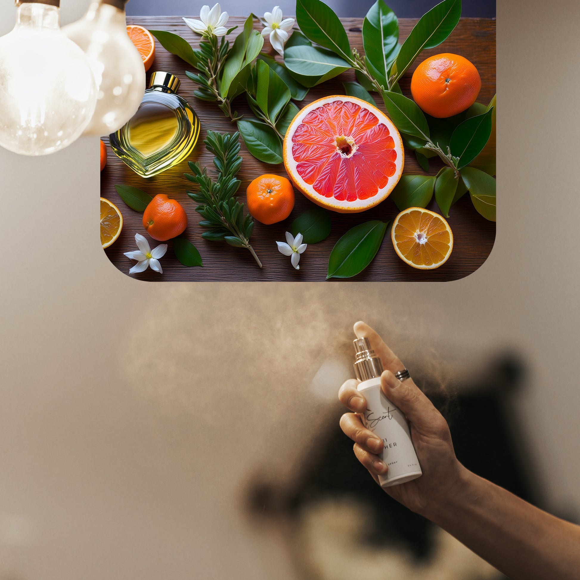 LeScent Undefeated room spray freshener mist spraying into the air with grapefruit, mandarins, citrus slices, green leaves and white blossoms displayed above, luxury room fragrance and home freshener inspired by Paco Rabanne Invictus.