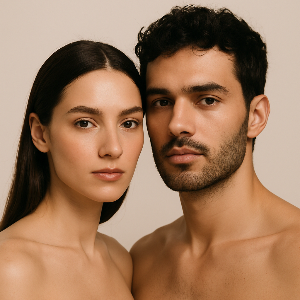 Minimalist portrait of man and woman representing LeScent unisex fragrance collection in soft beige lighting.