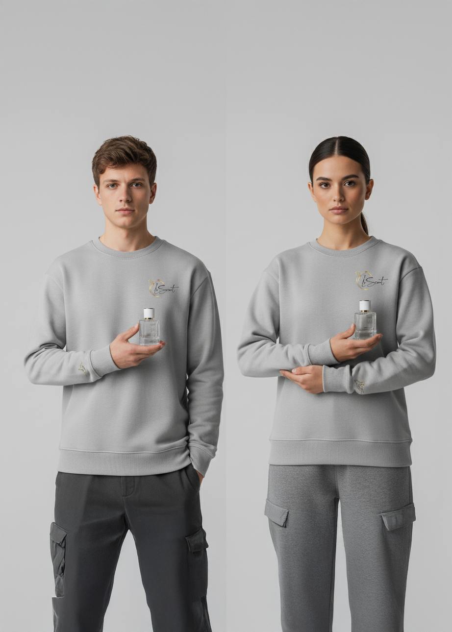 A man and woman wearing matching gray sweatshirts with the LeScent logo, each holding a bottle of unisex fragrance.