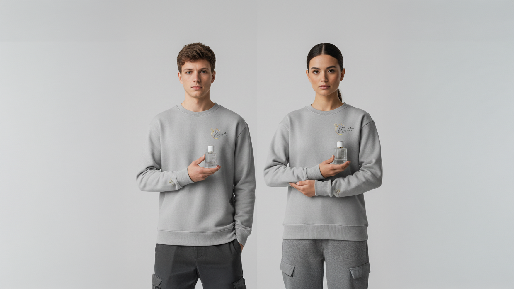 A wide shot of a man and woman wearing matching gray sweatshirts and holding a LeScent fragrance bottle, representing a shared or unisex scent.