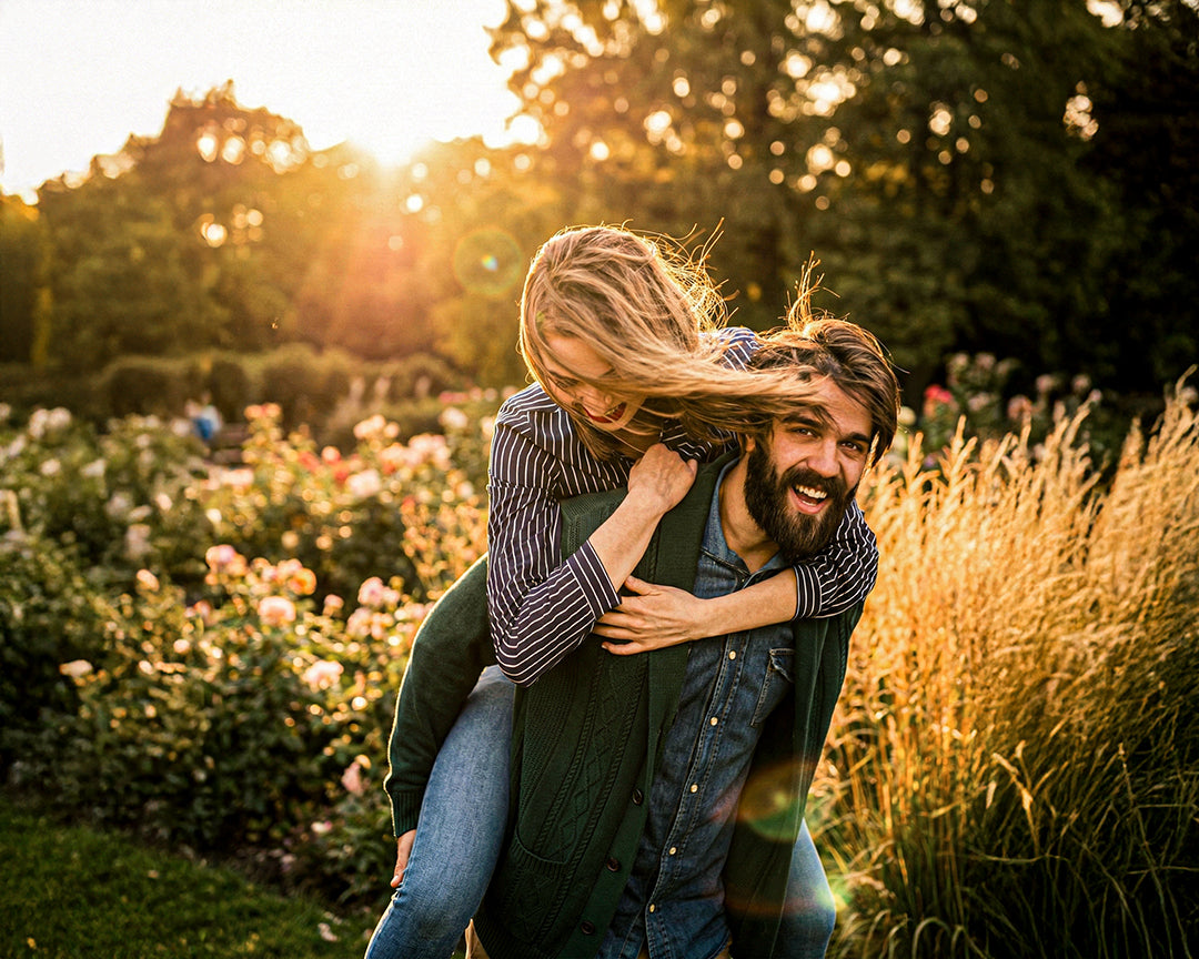 Happy couple outdoors at sunset with wind-swept hair, lifestyle image representing LeScent unisex fragrance and hair fragrance.