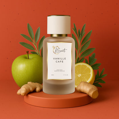 LeScent Vanille Café hair perfume mist bottle surrounded by green apple, lemon, ginger, and aromatic vanilla leaves on a rich terracotta background, inspired by Yves Saint Laurent Black Opium.