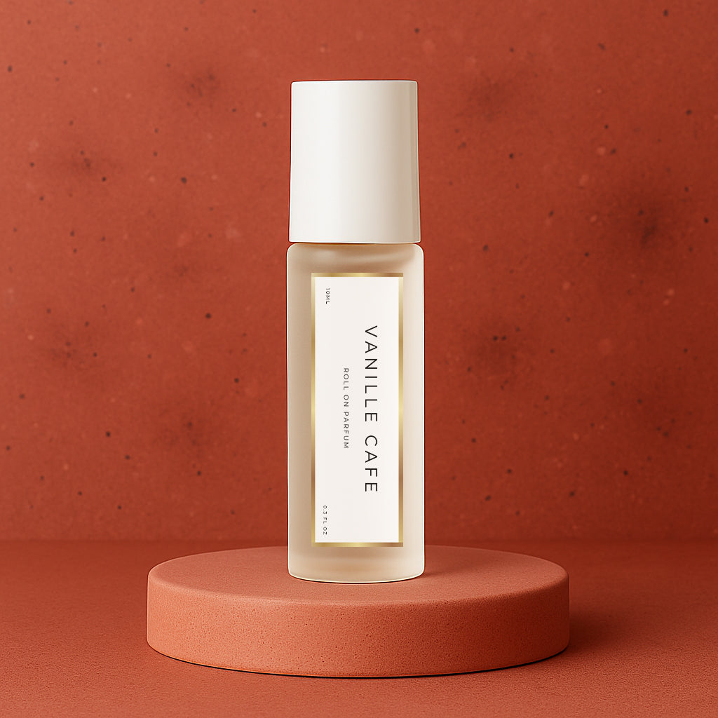 LeScent Vanille Café roll-on perfume oil bottle on a warm terracotta platform with rich matte red background and soft lighting, inspired by Yves Saint Laurent Black Opium.
