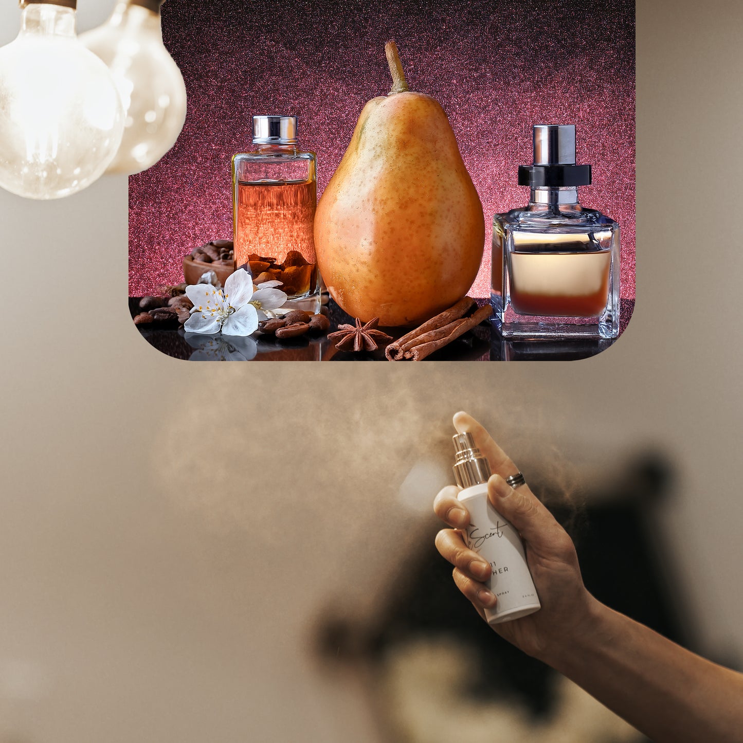 Spraying LeScent Vanille Café home fragrance freshener mist beside pear, vanilla, star anise, and cinnamon on a warm amber surface, inspired by Yves Saint Laurent Black Opium.