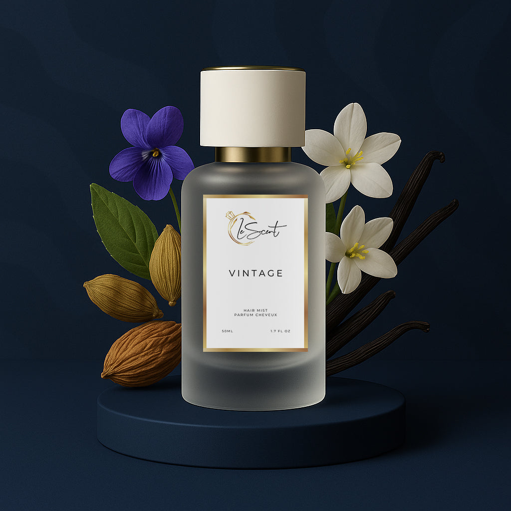 LeScent Vintage hair perfume mist bottle with elegant violet petals, jasmine flowers, vanilla, and cardamom pods against a midnight blue background, inspired by Parfums de Marly Layton.