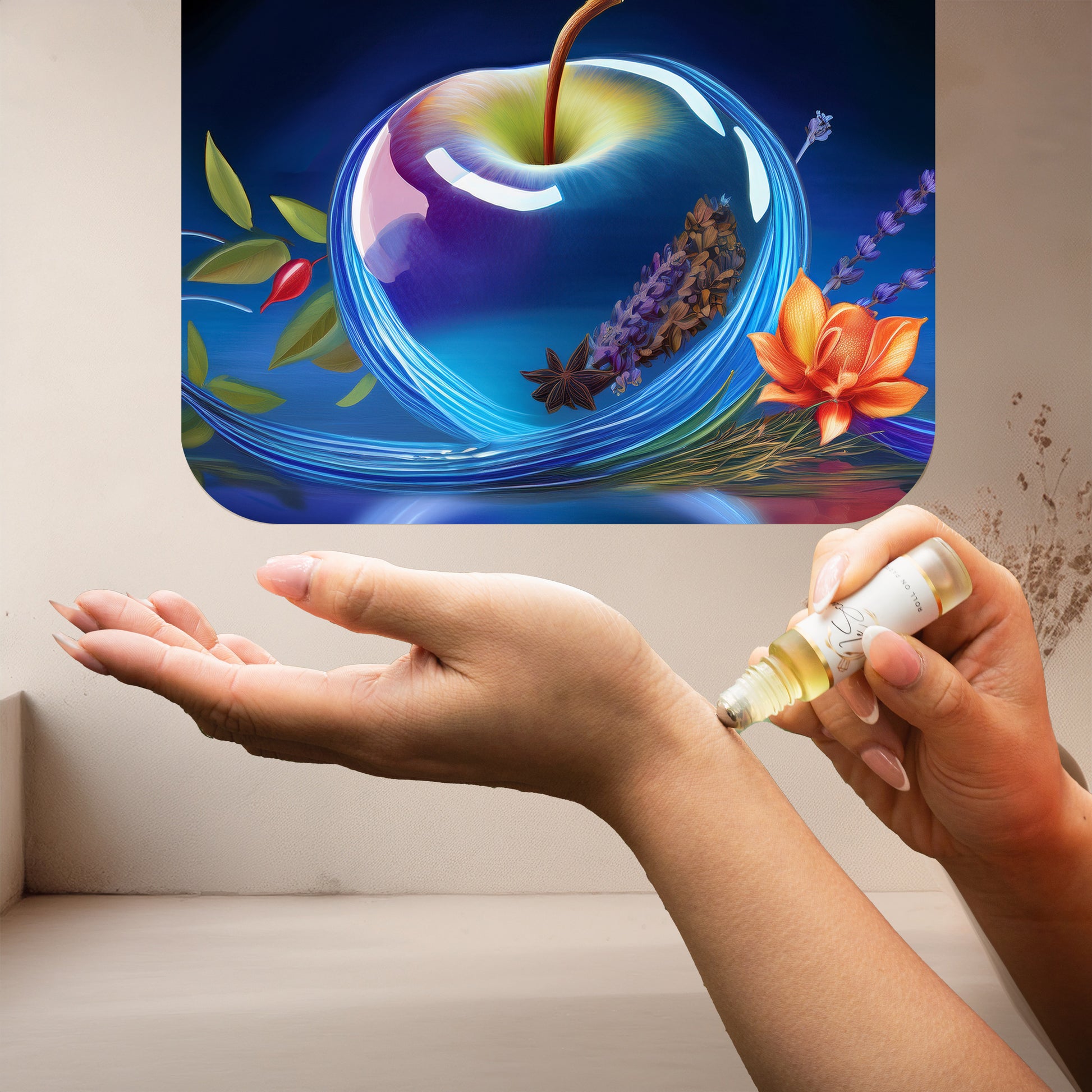 Applying LeScent Vintage roll-on perfume oil surrounded by apple, lavender, star anise, and floral notes in a luminous blue setting, inspired by Parfums de Marly Layton.