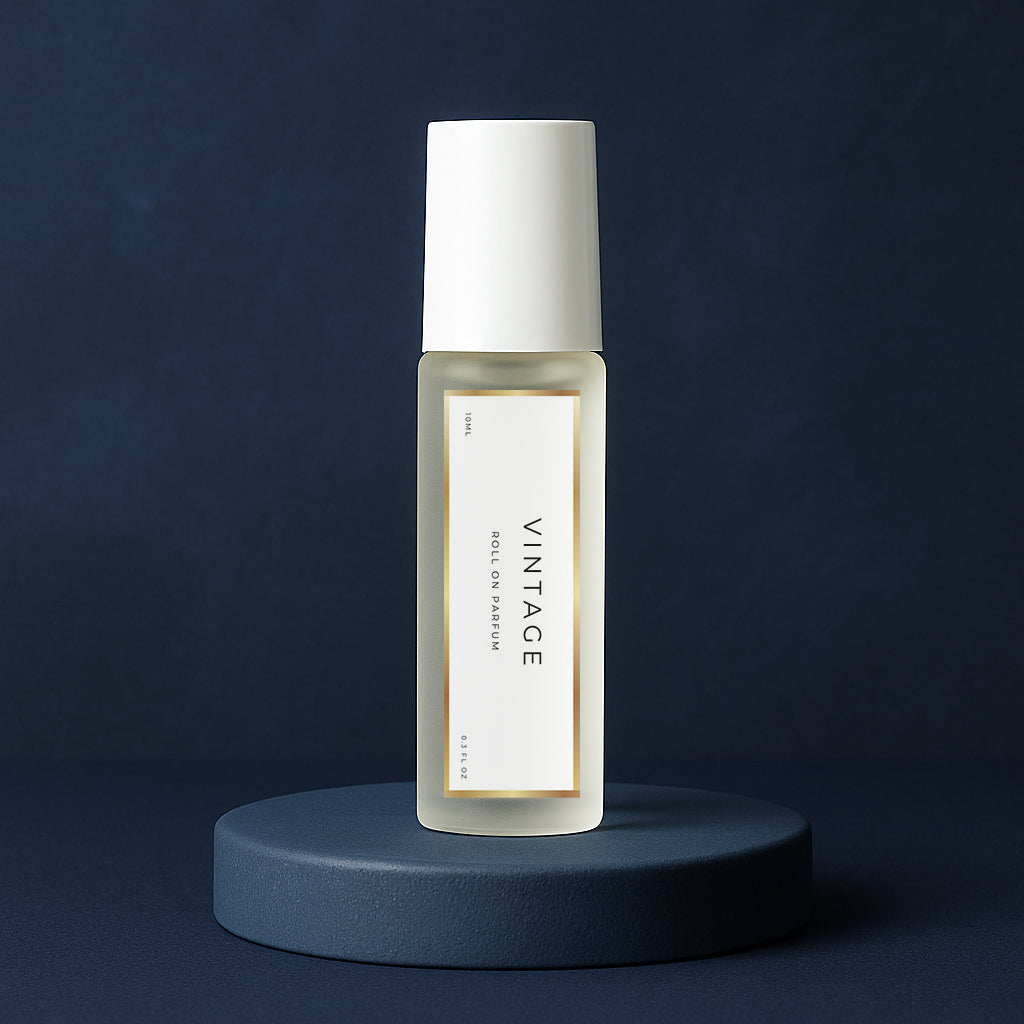 LeScent Vintage roll-on perfume oil bottle placed on a dark navy pedestal with a deep blue background and gold accents, inspired by Parfums de Marly Layton.