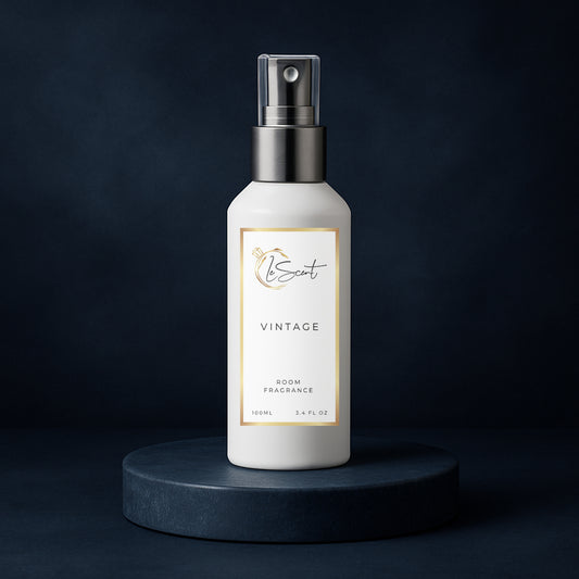 LeScent Vintage room fragrance spray bottle displayed on a deep navy pedestal with a rich midnight background and soft reflective light, inspired by Parfums de Marly Layton.