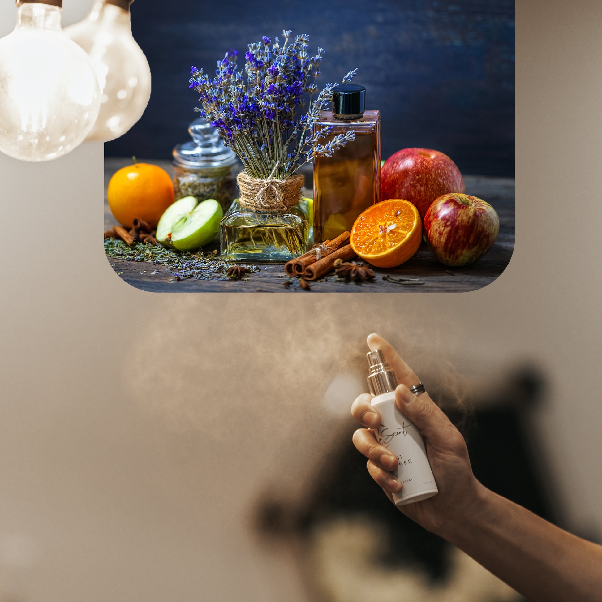 Spraying LeScent Vintage home fragrance freshener mist surrounded by apples, oranges, lavender, and cinnamon, inspired by Parfums de Marly Layton.