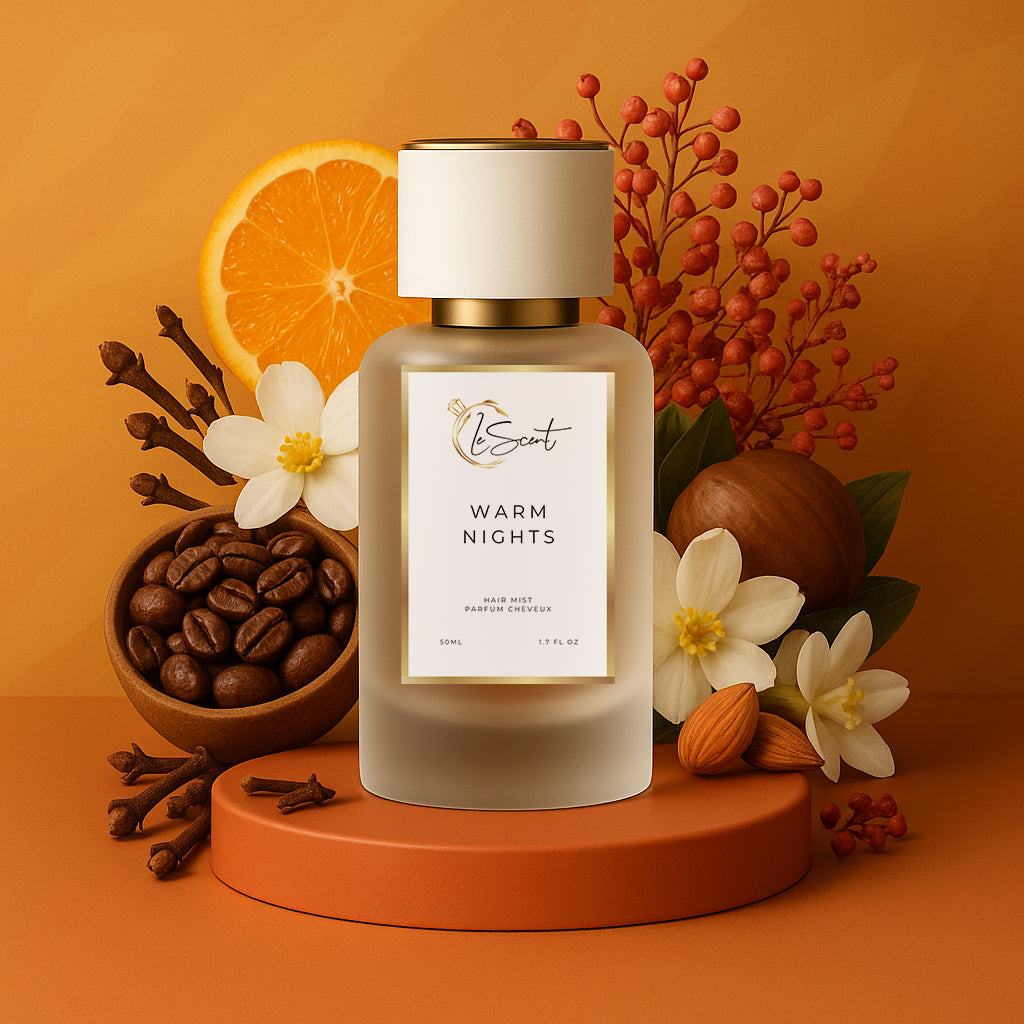 LeScent Warm Nights hair perfume mist with ingredient notes of coffee, orange, and clove, a warm spicy fragrance inspired by Maison Margiela By The Fireplace.