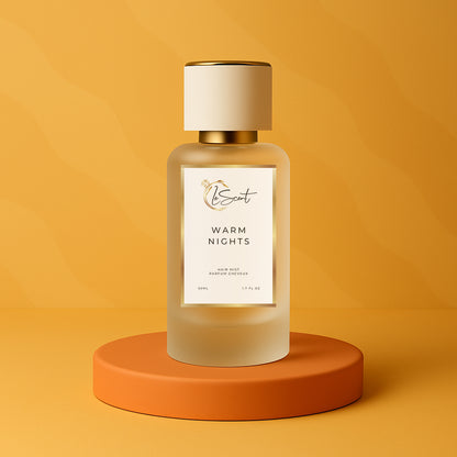 LeScent Warm Nights hair mist bottle on an orange pedestal with a solid orange background, inspired by Maison Margiela By The Fireplace.
