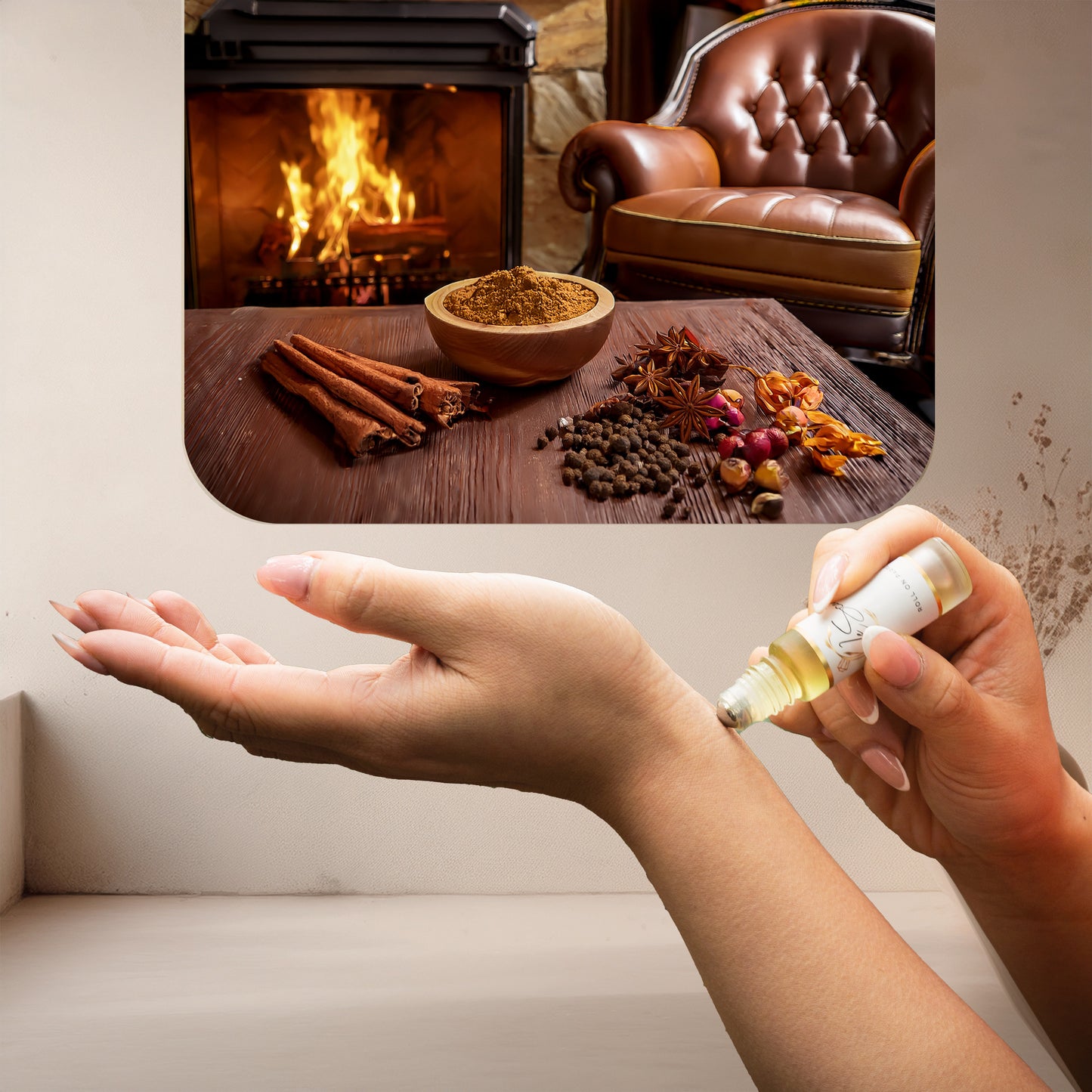 Applying LeScent Warm Nights perfume oil, a warm and spicy fragrance with cinnamon and smoky notes inspired by Maison Margiela By The Fireplace, to the wrist.