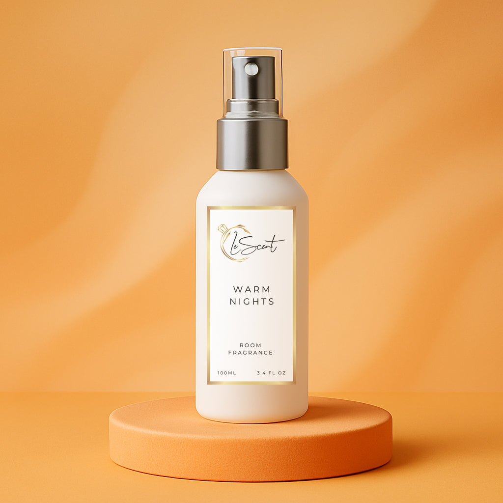 LeScent Warm Nights room spray bottle on an orange pedestal with an orange wavy background, inspired by Maison Margiela By The Fireplace.