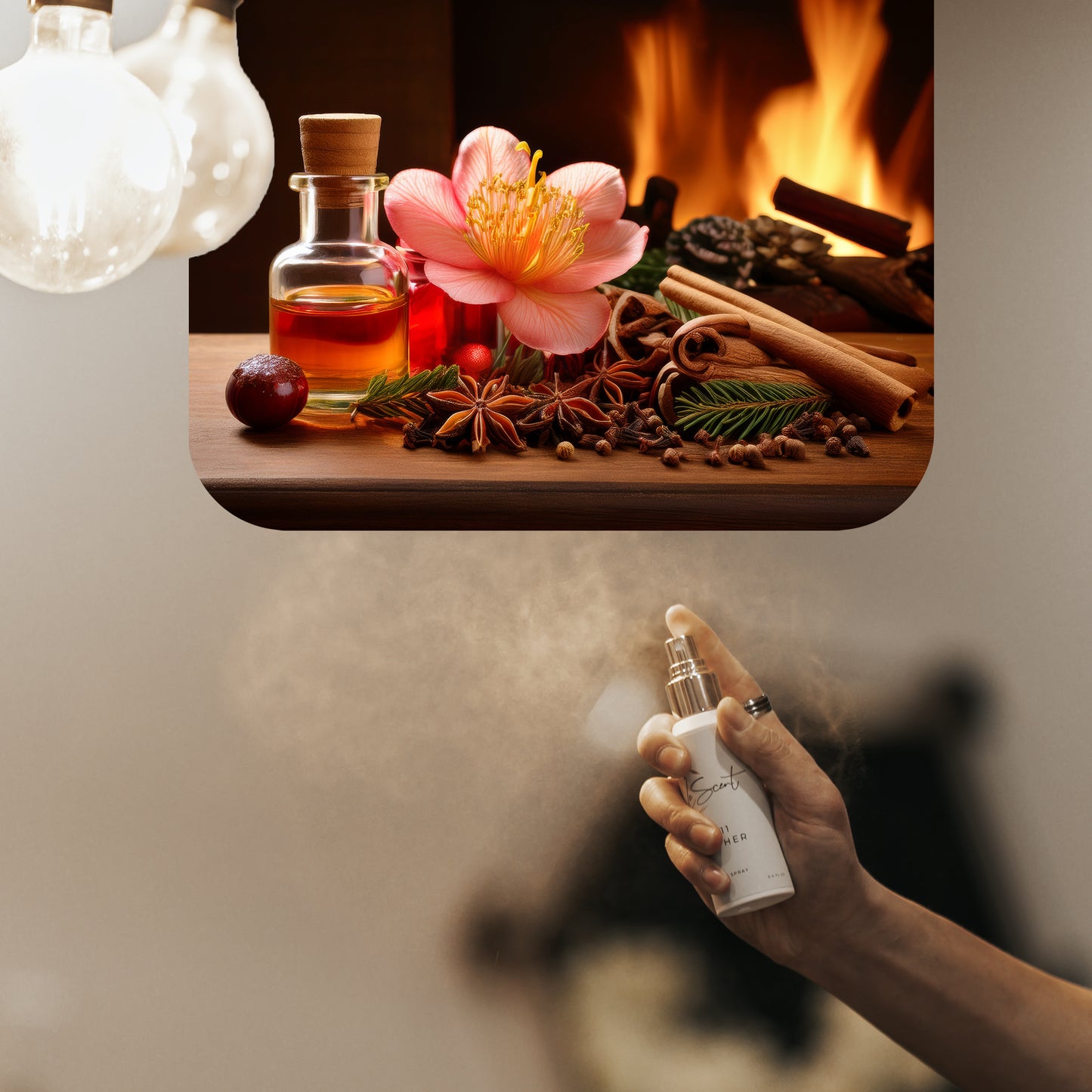 Spraying LeScent Warm Nights home fragrance air freshener, a cozy smoky scent with cinnamon and clove accords, inspired by Maison Margiela By The Fireplace.