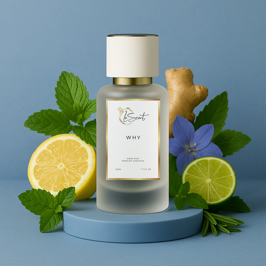 LeScent Why hair perfume mist bottle surrounded by lemon, lime, ginger, mint, and blue flowers against a cool blue background, inspired by YSL Y.