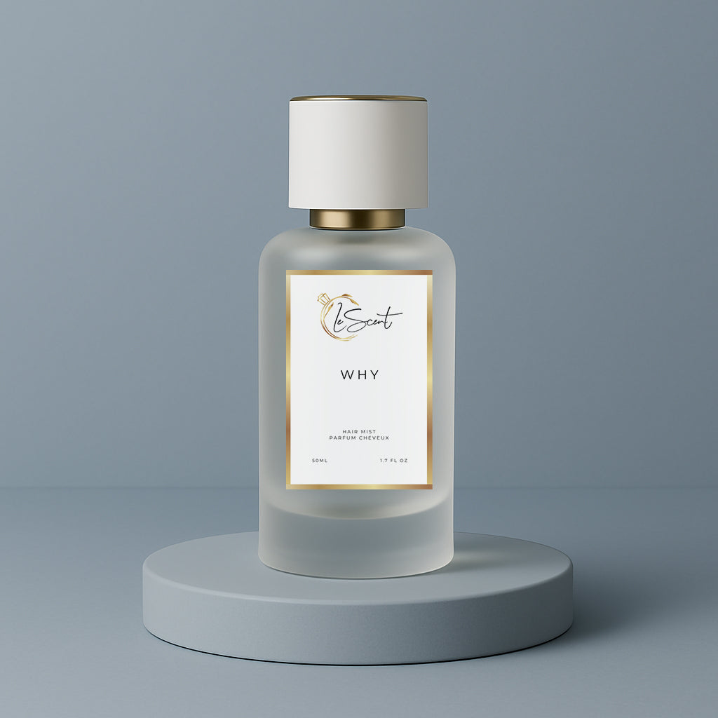 LeScent Why hair fragrance mist bottle on a matte blue platform with soft light reflection and elegant cool tone background, inspired by YSL Y.