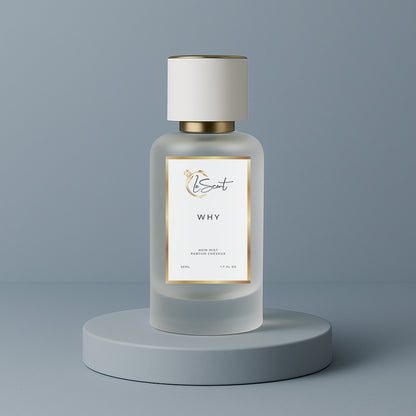 LeScent Why hair fragrance mist bottle on a matte blue platform with soft light reflection and elegant cool tone background, inspired by YSL Y.