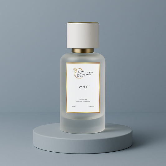 LeScent Why hair fragrance mist bottle on a matte blue platform with soft light reflection and elegant cool tone background, inspired by YSL Y.