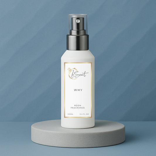 LeScent Why room fragrance spray bottle displayed on a grey-blue pedestal with subtle textured background, inspired by YSL Y.
