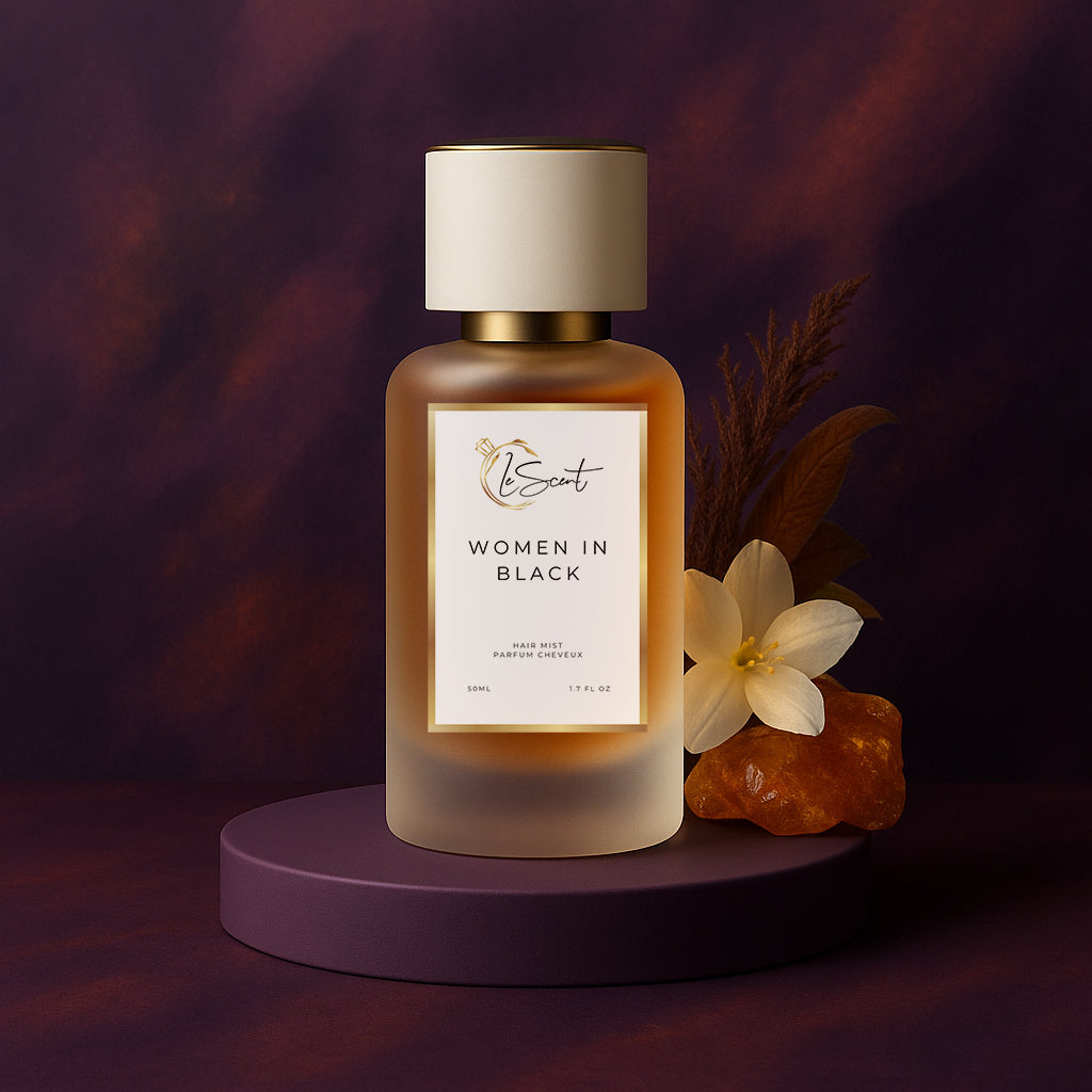 LeScent Women In Black hair perfume mist with ingredient notes of rich jasmine and warm amber, a woody-floral fragrance inspired by Mugler Alien.