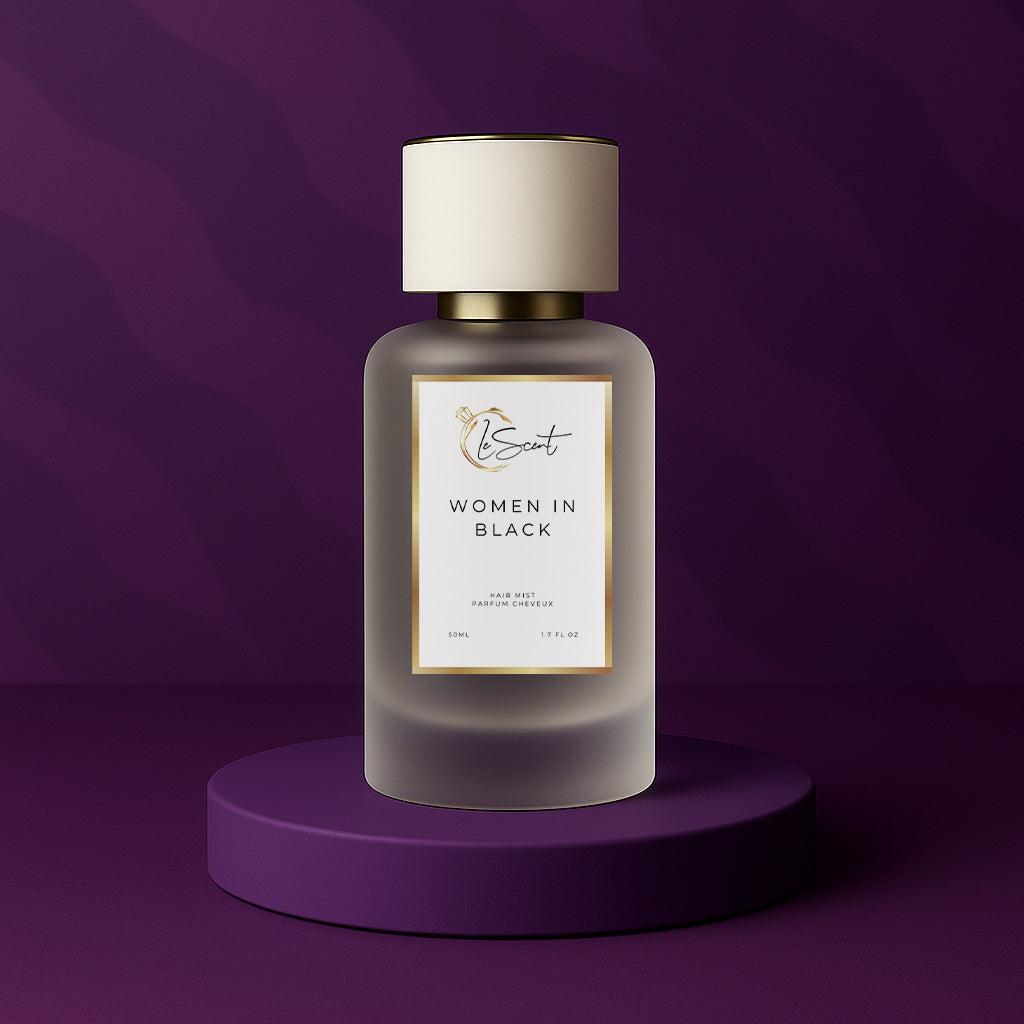 LeScent Women In Black hair mist bottle on a dark purple pedestal with a wavy dark purple background, inspired by Mugler Alien.