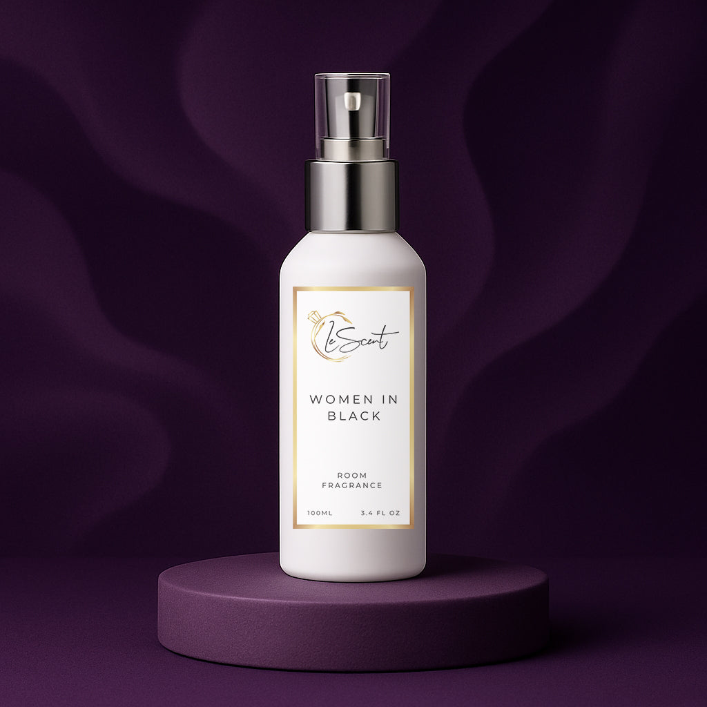 LeScent Women In Black room spray bottle on a dark purple pedestal with a wavy dark purple background, inspired by Mugler Alien.
