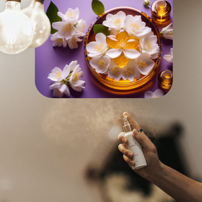 Spraying LeScent Women In Black home fragrance air freshener, a sensual white floral scent with jasmine and amber accords, inspired by Mugler Alien.