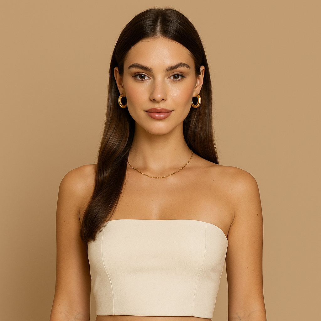 Luxury female fragrance model showcasing LeScent women’s collection against neutral beige background.