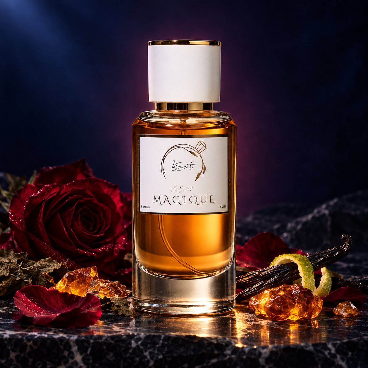 Magique No. 02 Midnight perfume on black marble with dark red rose, amber resin, vanilla pod, patchouli and bergamot peel