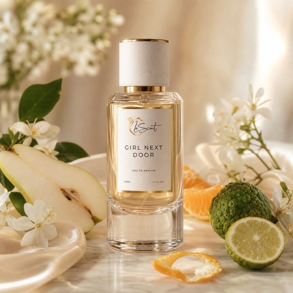 LeScent Girl Next Door Eau de Parfum 50ml bottle surrounded by fresh pear, bergamot, mandarin, lime, white blossoms and soft ivory silk in a bright floral setting.